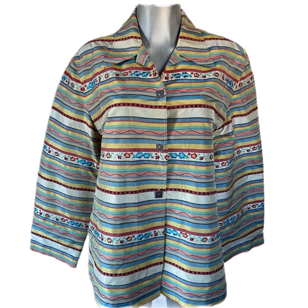 Silk Floral Embroidered Shirt Striped Fairycore Multicolor Boho-Chic Aztec Sz XL